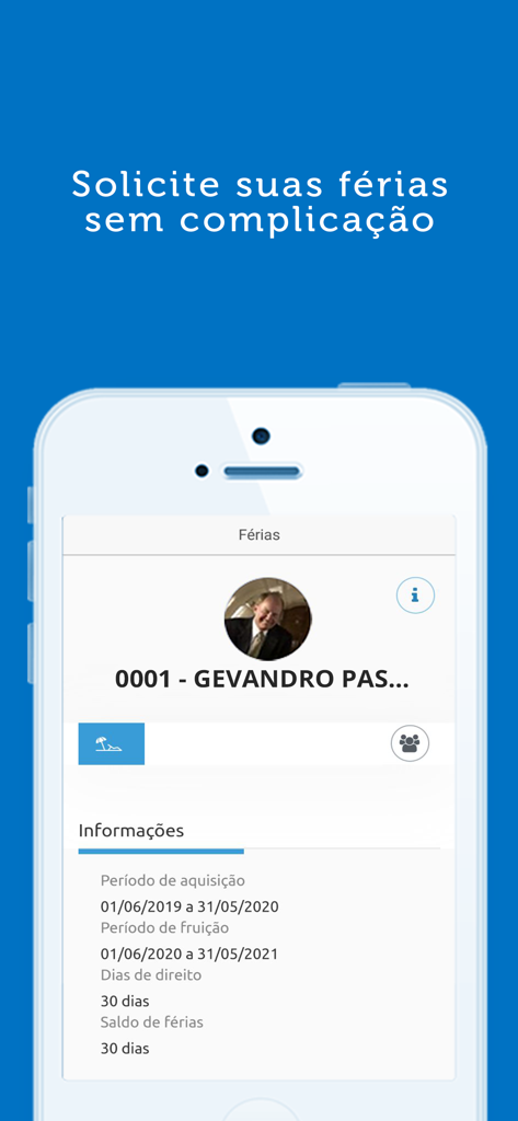 Captura de tela do aplicativo Gen.te Mobile mostrando a tela de solicitação de férias e informações de saldo