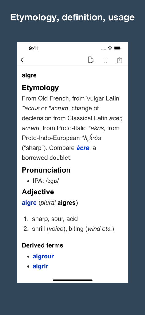 The French Etymology and Origins app interface showing a word's linguistic history and definition.