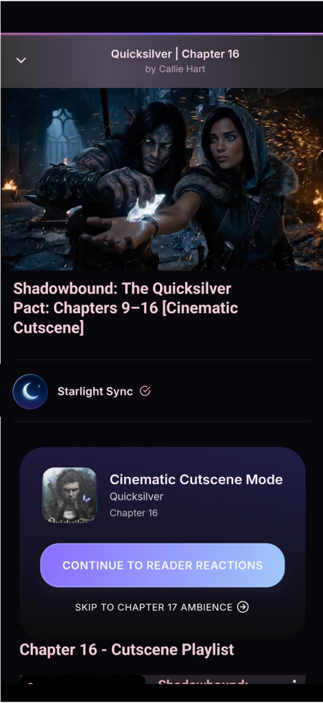 Ambient Books: Video Novels - Ambient Books app interface showing a cinematic cutscene for the book Quicksilver with fantasy characters and reader reaction options.