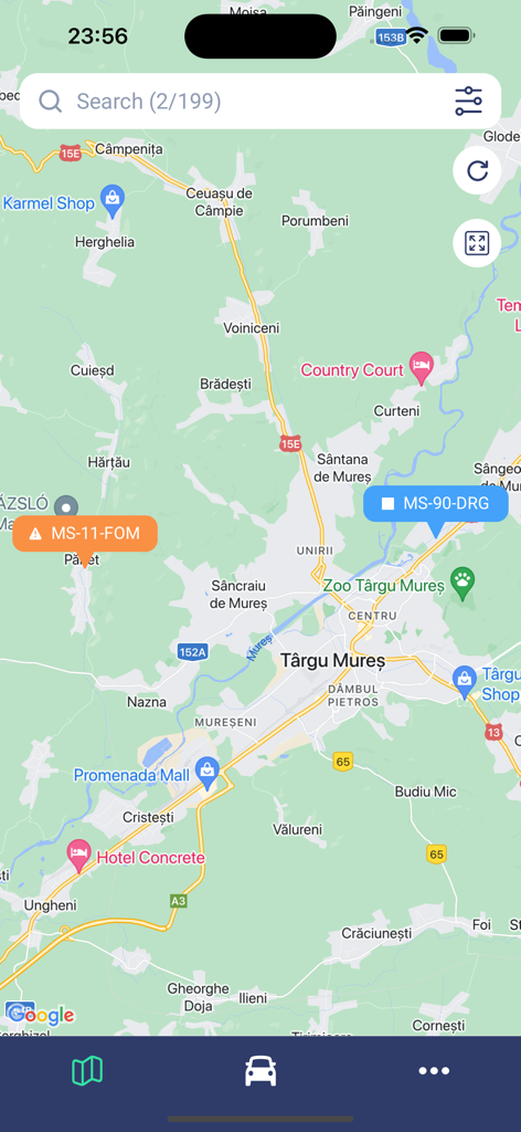 Ecomotive+ - Map view in Ecomotive plus app showing real time locations of fleet vehicles