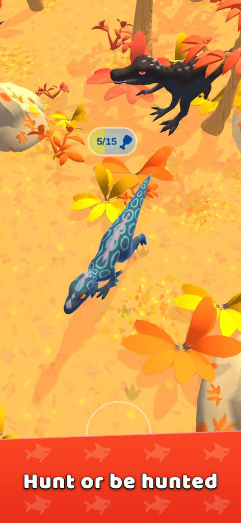 Hyper Evolution - Dos dinosaurios en el suelo de un bosque en el juego Hyper Evolution con el texto Caza o sé cazado