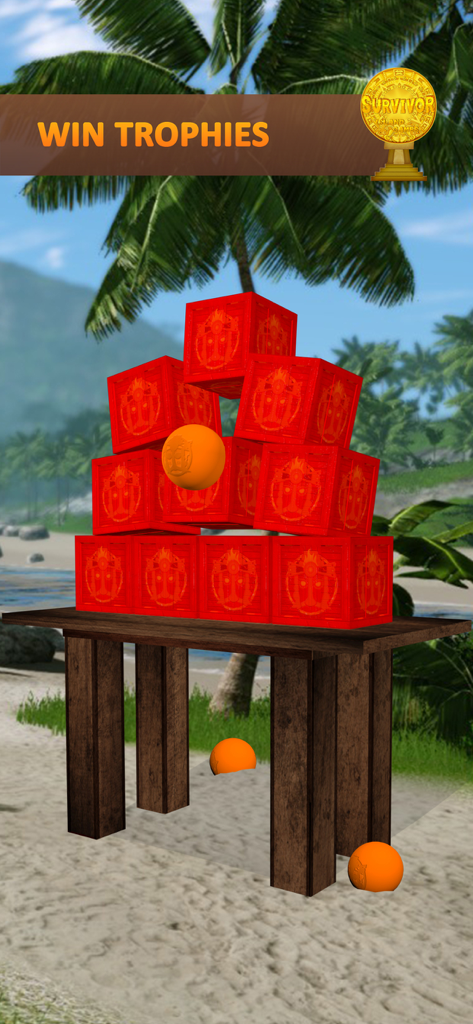 Survivor Duel gameplay showing a stack of red crates to break on a beach with a Win Trophies header.