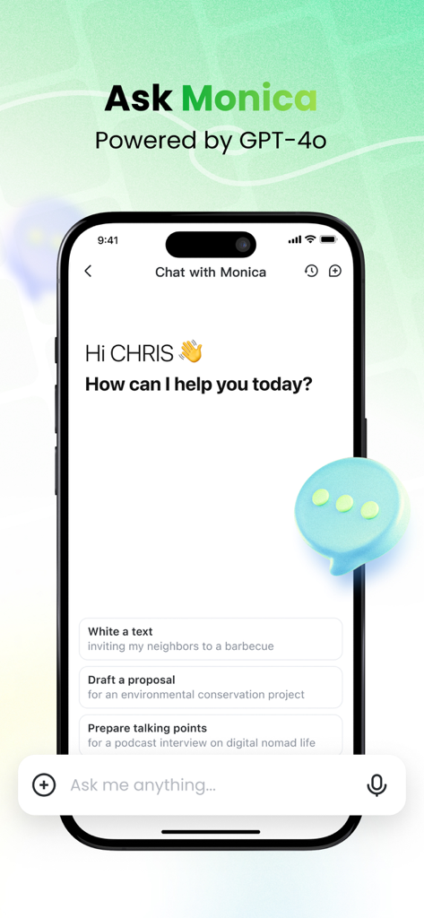 Monica Search: AI Search & GPT - Interface de chat de l'application mobile Monica AI Search alimentée par GPT-4o avec des suggestions de rédaction