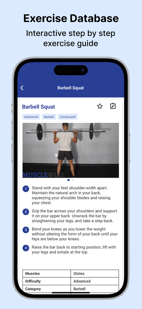 MuscleWiki app exercise database showing step by step guide for barbell squats