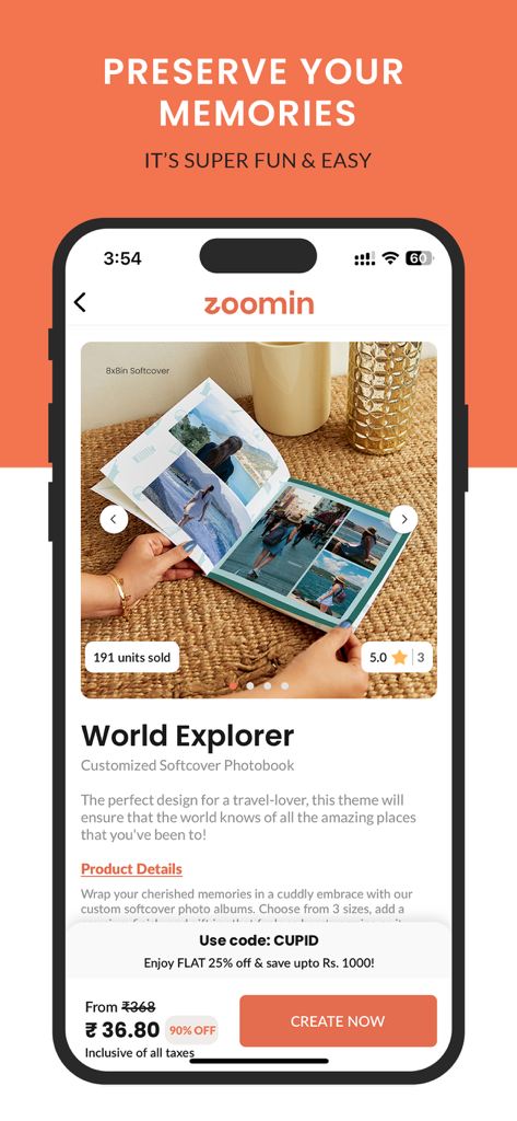 Zoomin: Shop Photobook & Gifts - Zoomin mobile app displaying a customized World Explorer travel photobook
