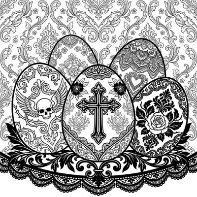 Dive into a uniquely dark and elegant Easter celebration with this Gothic Easter eggs coloring page. Discover intricate Victorian designs, melancholic motifs, and rich patterns waiting for your artistic interpretation.