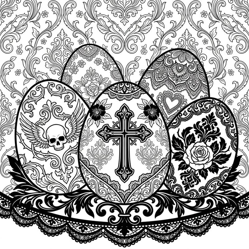 Dive into a uniquely dark and elegant Easter celebration with this Gothic Easter eggs coloring page. Discover intricate Victorian designs, melancholic motifs, and rich patterns waiting for your artistic interpretation.