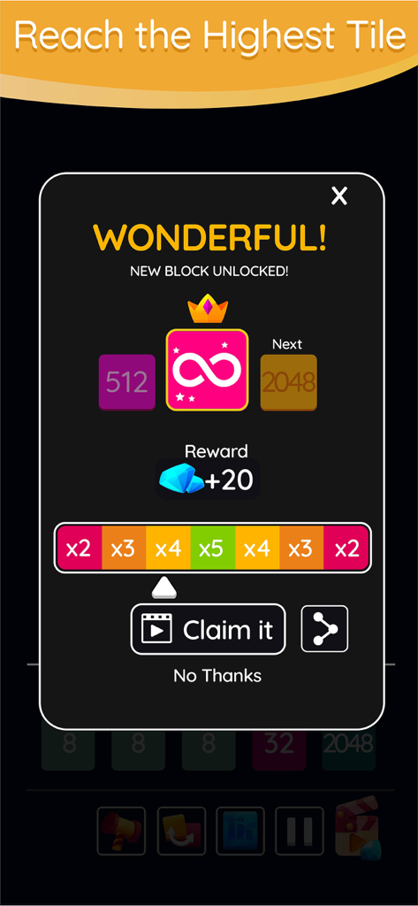 A reward screen in the 2248 number puzzle game showing a new infinity block unlocked and diamond rewards.