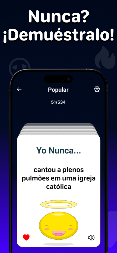 I Have Never Dirty Game - Interfaccia di un'app mobile di Io Non Ho Mai Sporco che mostra una carta con un suggerimento di confessione sociale e un'emoji di un'aureola