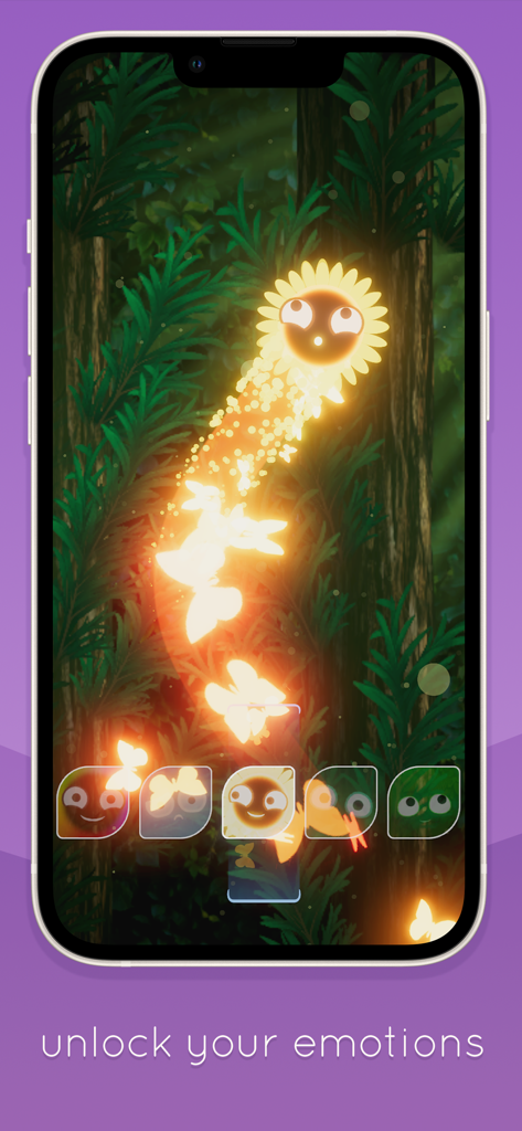 Dream Hopper - A glowing character moving through a lush green forest with the text unlock your emotions in the Dream Hopper mobile game