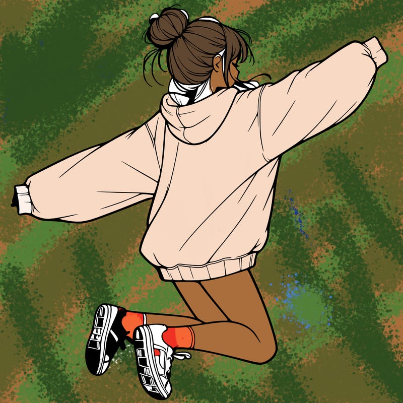 realistic girl jumping with a bun and oversized sweatshirt