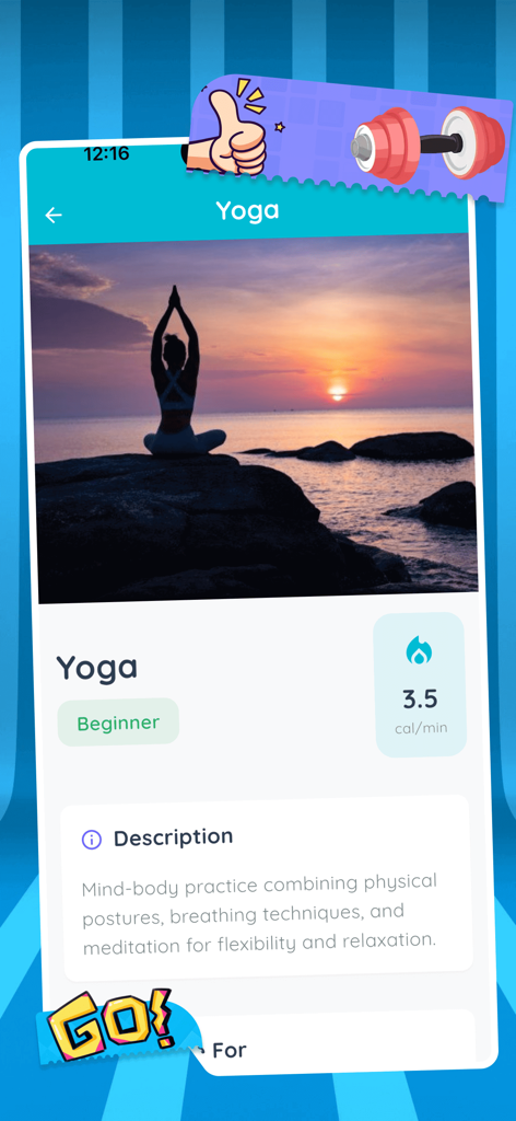 Milo - Insight & Share - Milo app screen for beginner yoga showing calorie burn rate and activity description.