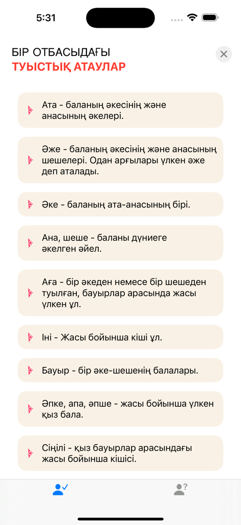 Bildschirm der mobilen App mit einer Liste kasachischer Familienbeziehungsbegriffe und deren Definitionen