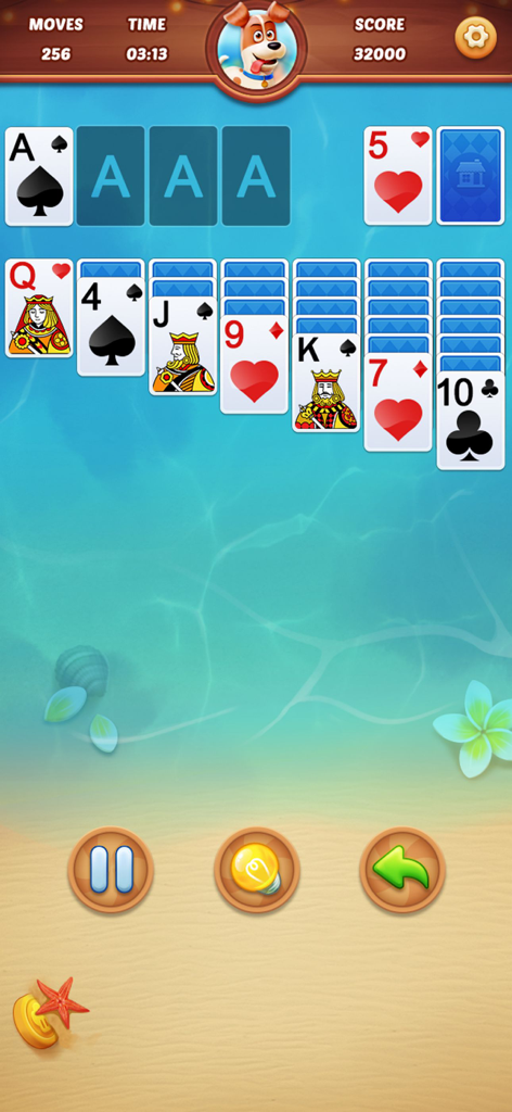 A classic solitaire card game interface with a tropical beach theme background