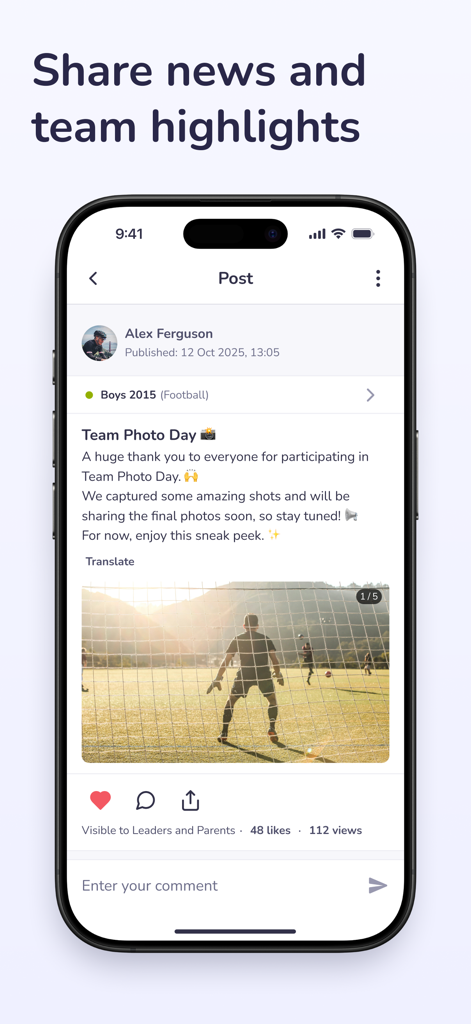 Hoopit app interface displaying a news post with a football team highlight photo