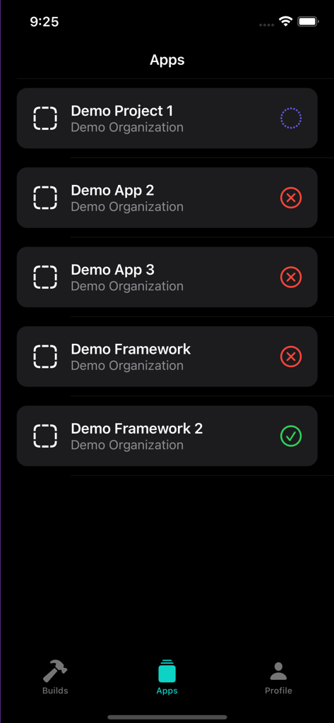 Botrise app interface displaying a list of mobile projects with their current build statuses