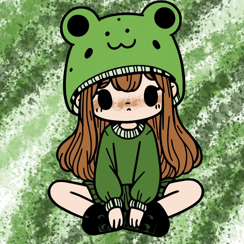 a girl wearing a frog hat and some frog socks