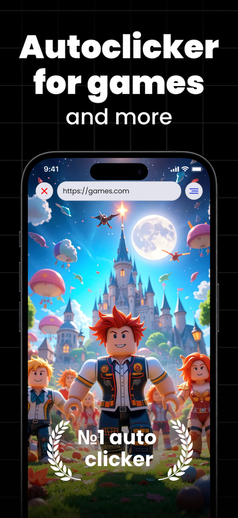 Schermata iPhone che mostra l'interfaccia dell'app auto clicker utilizzata su un sito web di giochi fantasy per dispositivi mobili