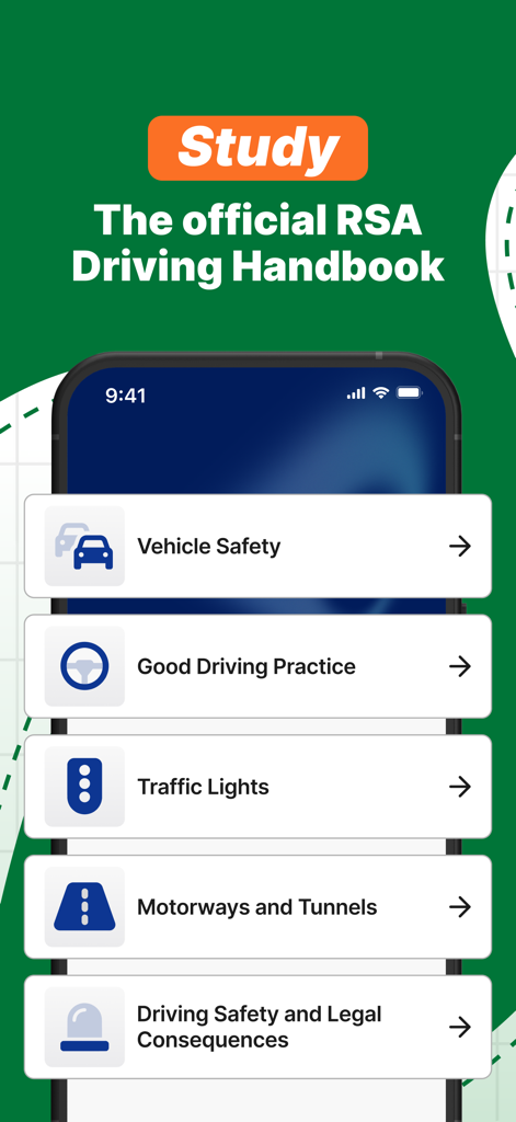 Driving Test Routes Ireland - Screenshot of the study section menu in the RSA theory test app showing various driving topics