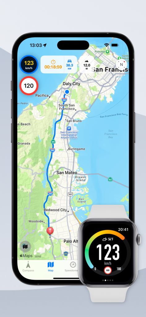 Speedometer GPS & Compass - Interfaz de la aplicación Velocímetro GPS con mapeo de ruta en iPhone y medidor de velocidad en Apple Watch