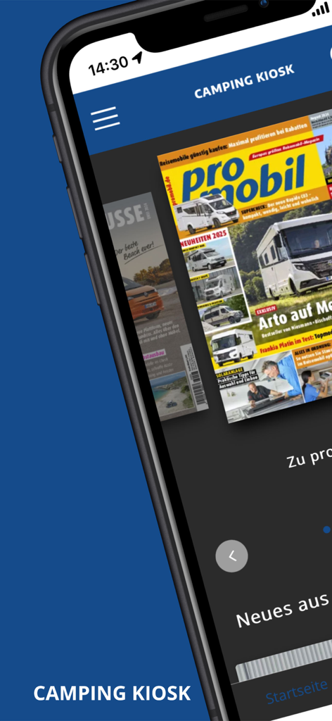 Smartphone screen showing the Camping Kiosk app home screen with digital editions of promobil and other RV magazines