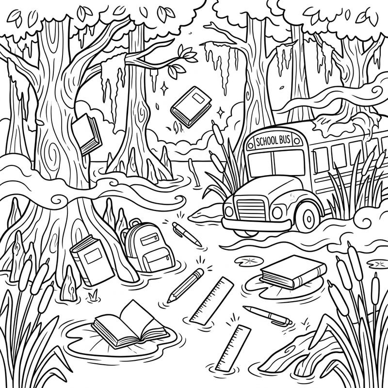 Prepare for a truly unique coloring experience with this 'Misty Swamp x Back to School' design. Explore a mysterious wetland where school supplies and a bus playfully merge with ancient trees and eerie mist, offering endless creative possibilities.