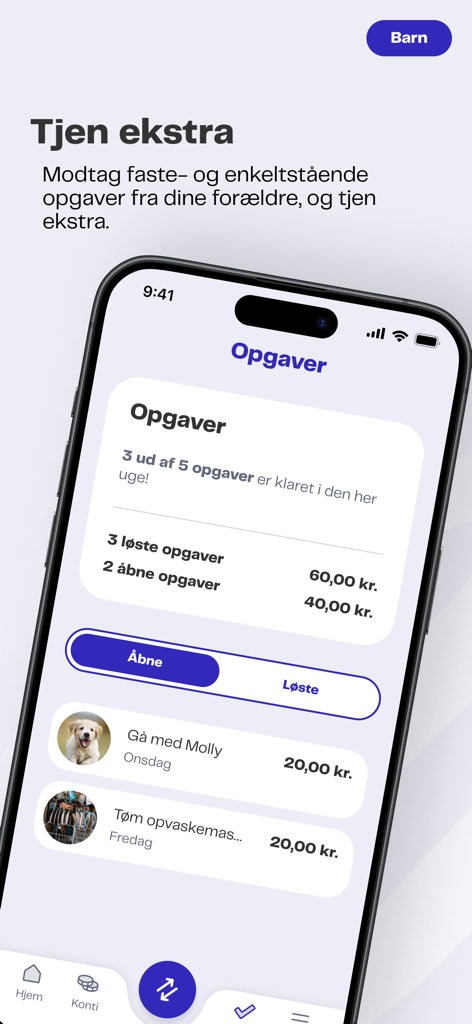 Young Money - Mobile app interface showing a list of chores and monetary rewards for children