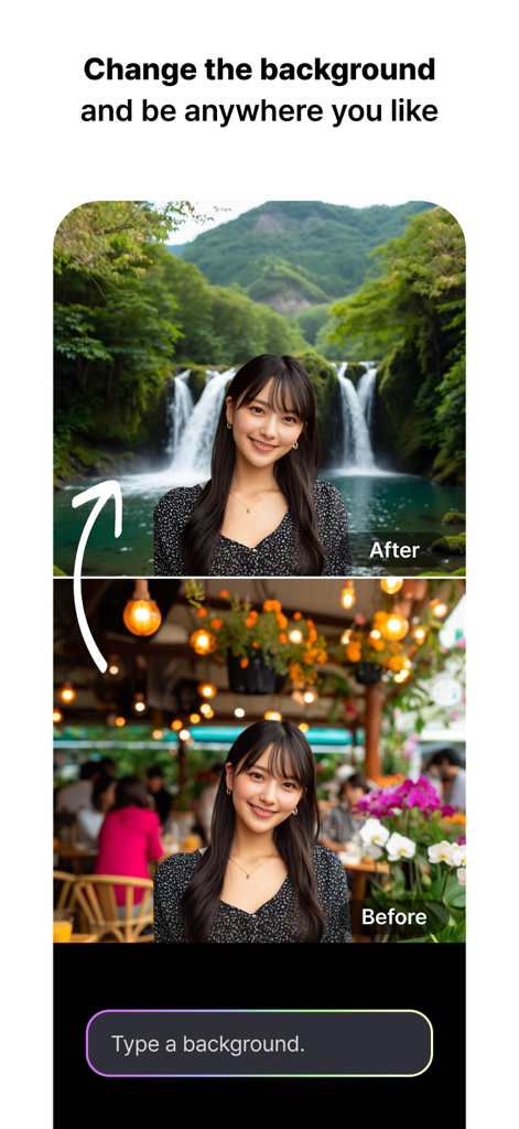 MeeAww - AI Photo Editor - Before and after comparison showing a woman's background changed from a cafe to a waterfall using MeeAww AI photo editor