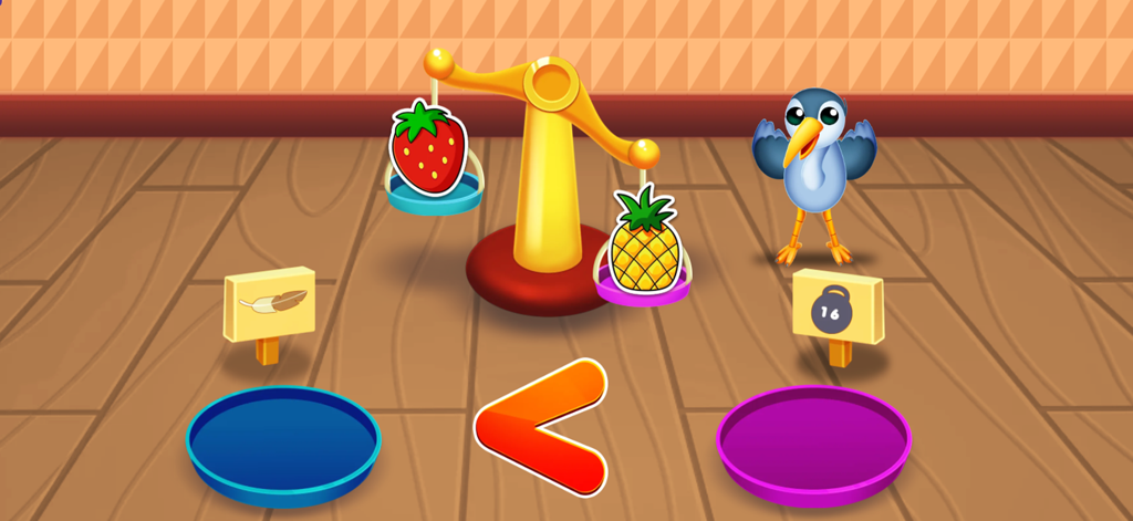 A balance scale comparing a strawberry and a pineapple in an educational kids game