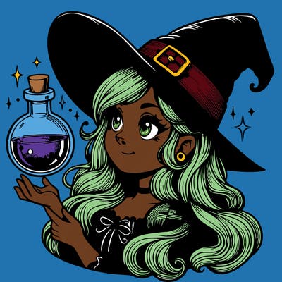 realistic witch with a potion bottle