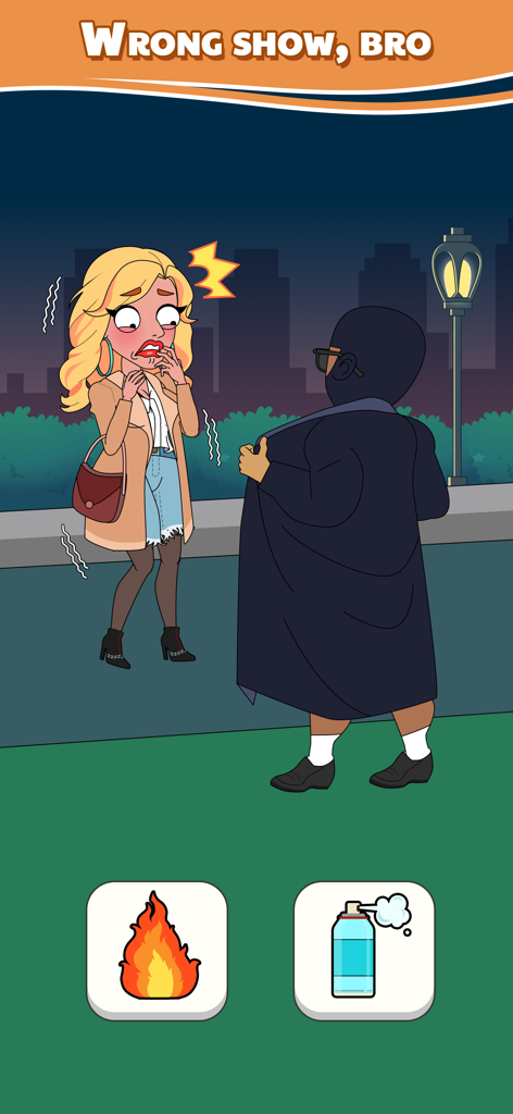 A game screenshot showing a blonde character reacting to a flasher in a park at night with puzzle choice buttons for fire and spray.
