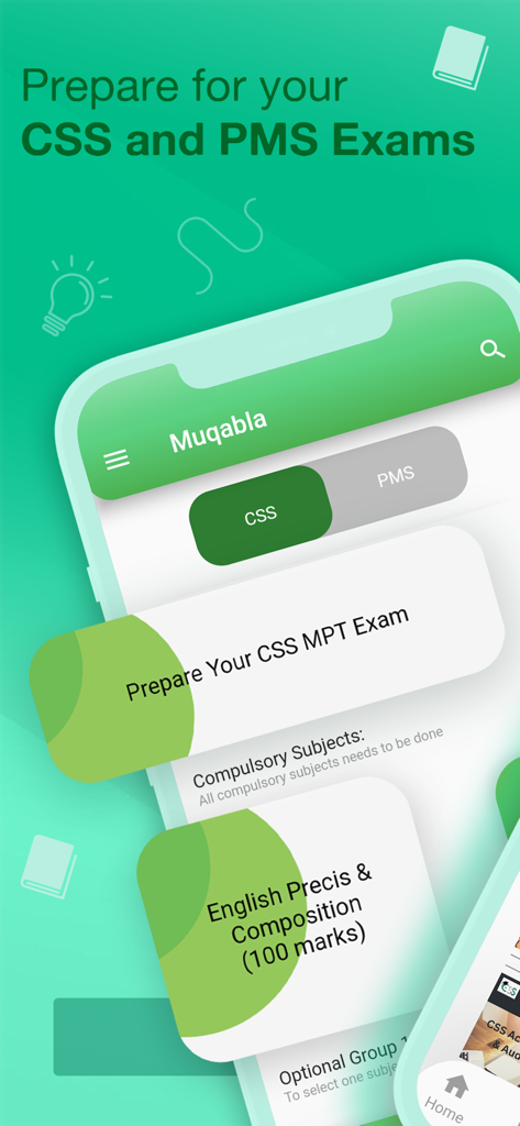 Muqabla app interface showing study modules for CSS and PMS exam preparation including English Precis and Composition.