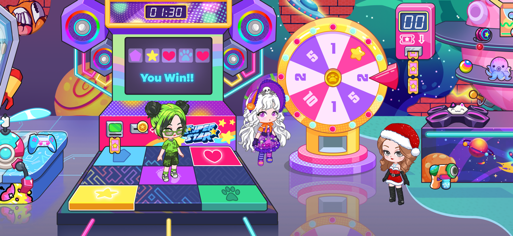 Cute doll characters playing at an indoor arcade with a dance mat and colorful prize wheel.