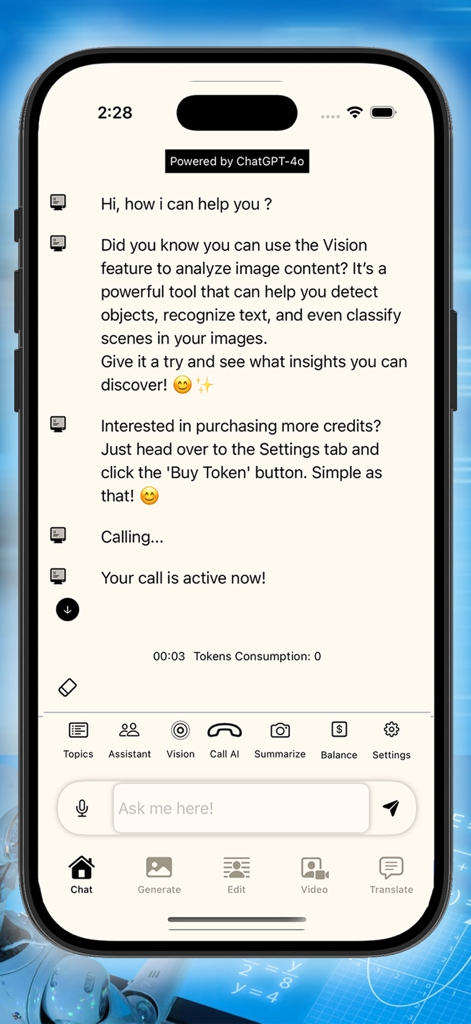 Luna - AI - Captura de tela móvel da interface de chat Luna AI mostrando recursos de visão e chamada de IA