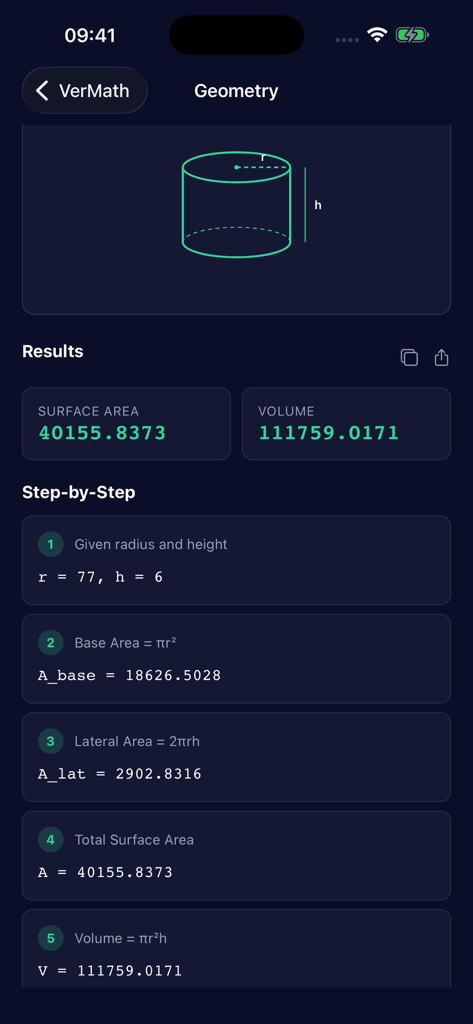 Step by step geometry calculation for cylinder surface area and volume in the VerMath app.