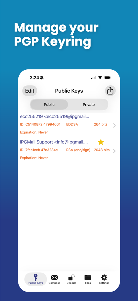 iPGMail - Interface of iPGMail showing the PGP keyring management screen with a list of public keys.