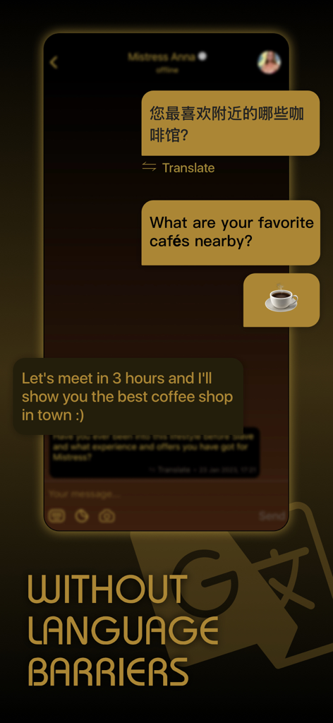 KINK People - BDSM Dating App - A screenshot of the KINK People app chat interface showing its real-time translation feature used during a conversation.