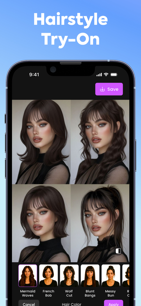 Hairstyle AI – Haircut Try On - Función de prueba de peinado virtual que muestra diferentes peinados en una modelo