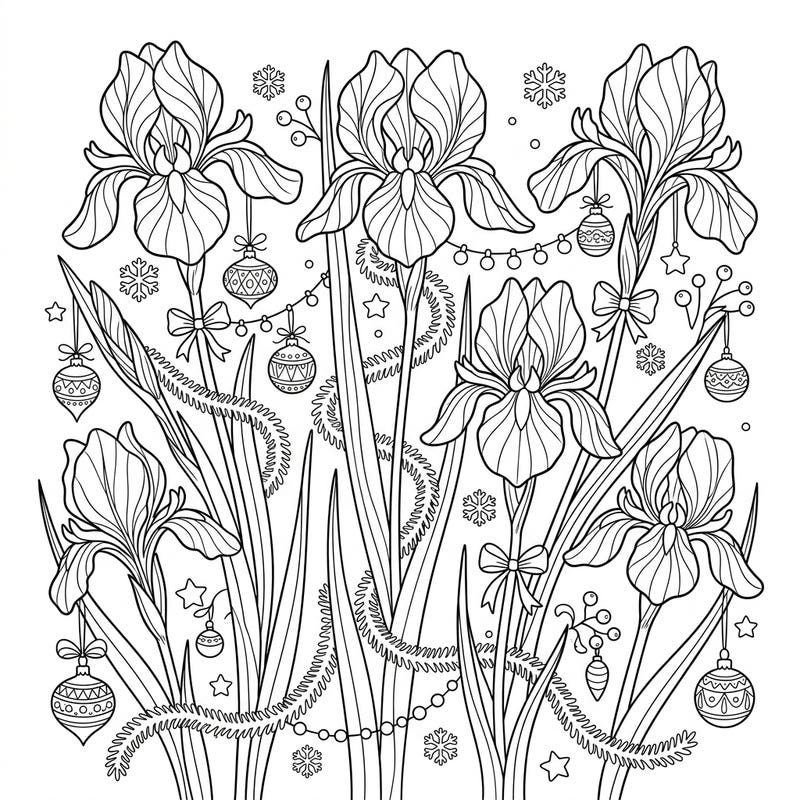 Discover the magic of a winter bloom with our Spuria Irises Christmas coloring page, where elegant flowers are transformed into festive holiday decorations. This intricate design offers a unique blend of nature's beauty and seasonal cheer, perfect for adult and teen colorists.