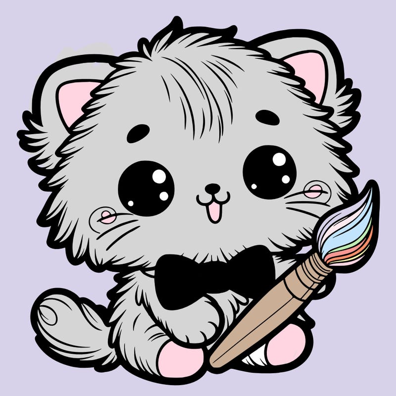 an adorable fluffy kitten holding a paintbrush