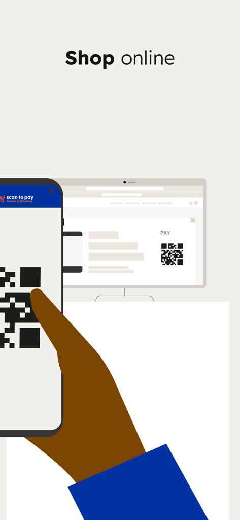 Standard Bank Scan to Pay - A person scanning a QR code on a computer screen using the Standard Bank Scan to Pay mobile app for online shopping.