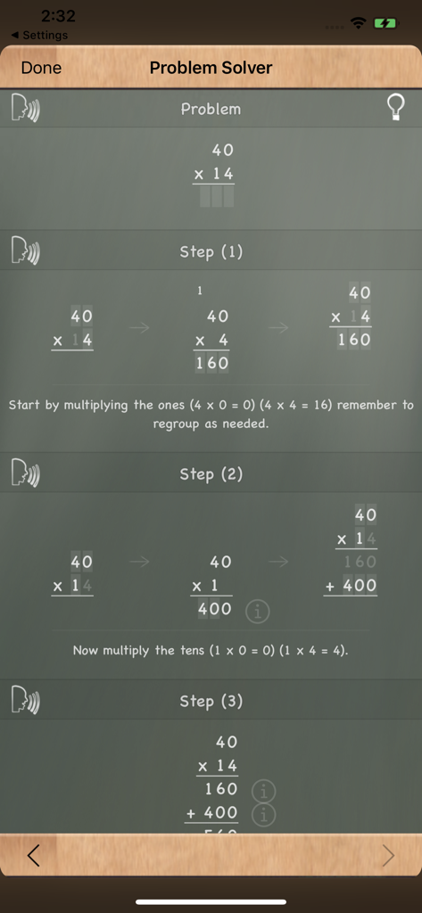 MathBoard - MathBoard app showing step by step multiplication breakdown