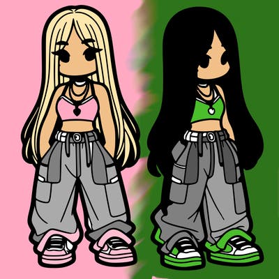 girl in baggy pants crop top and long hair