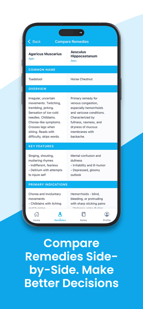 Una comparación lado a lado de dos remedios homeopáticos en la interfaz de la aplicación HomeoMate
