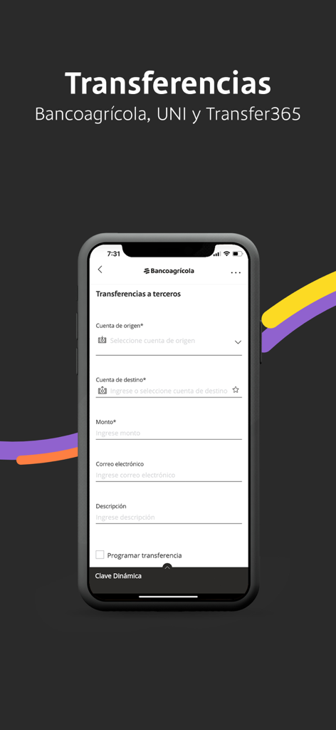 Pantalla móvil de la aplicación Bancoagricola Empresas que muestra un formulario de transferencia comercial para pagos Transfer365 y UNI.