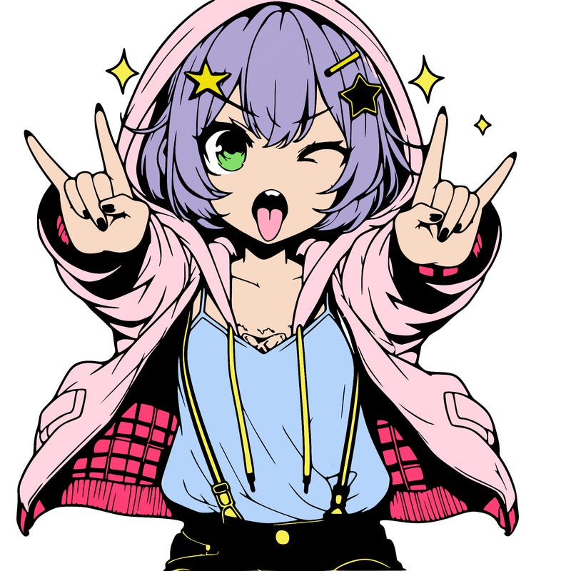 an anime girl,short hair,wearing a hoodie with a jacket on top,wearing jeans,star hair clip on hair,holding up rock and roll sign with both her hand facing forward in the middle,mouth open with tongue sticking out, pointy teeth