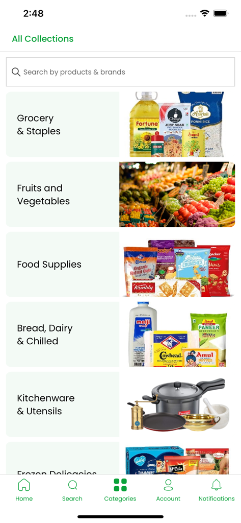 Waangoo - Waangoo mobile app screen displaying various grocery shopping categories like staples and fresh produce