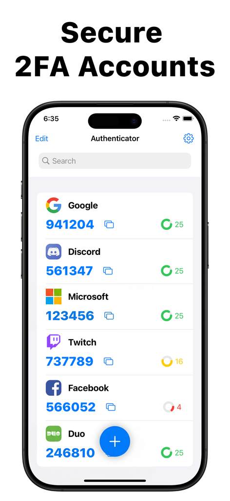 Authenticatorアプリの安全な2FAアカウントと確認コードのリスト。