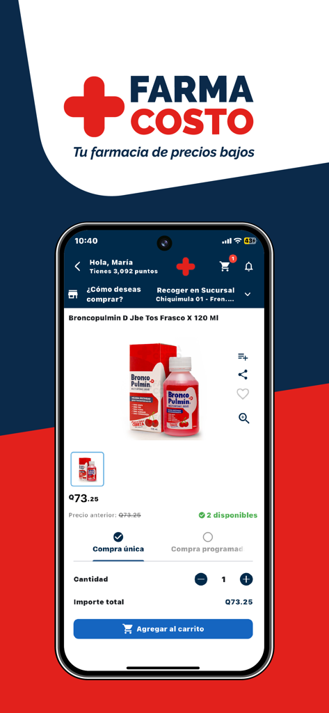 Farma Costo - Farma Costo mobile app interface displaying a product detail page for Broncopulmin cough syrup in Spanish