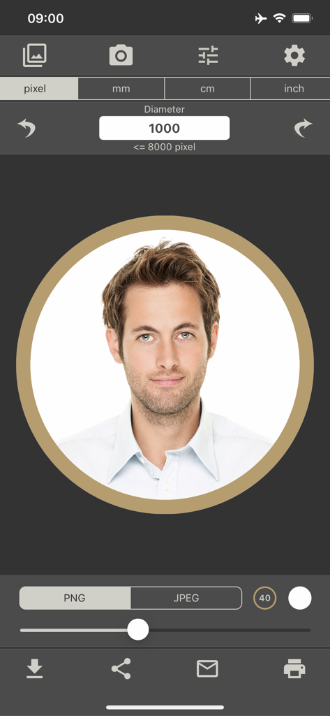 Round Photo - Interface of the Round Photo app showing a man's headshot in a circular frame with a gold border and editing tools